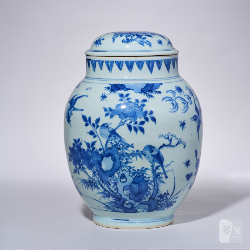 明崇祯 青花花鸟纹莲子罐 - 图3